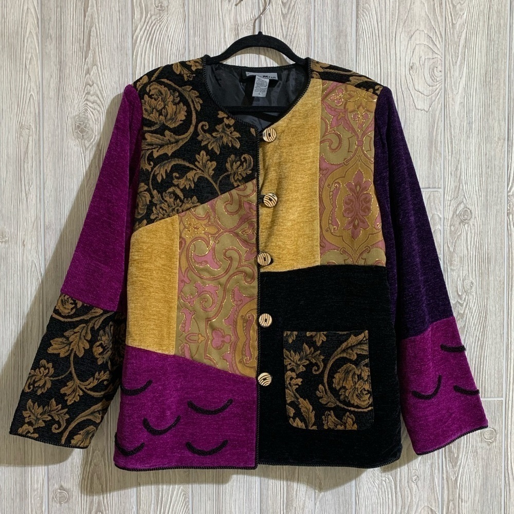 Vintage Patchwork Indigo Moon Artsy Art to Wear Blazer Jacket Size Large